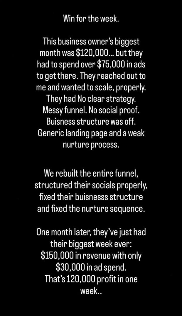 Client win: $150K week, $120K profit